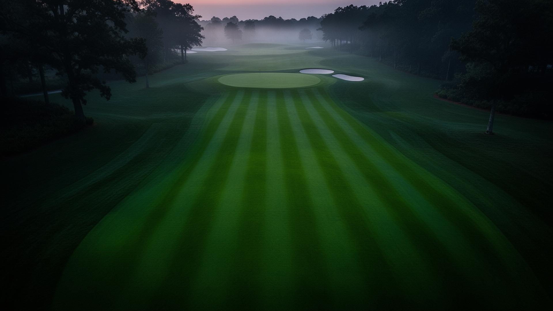 Misty golf course fairway at dawn